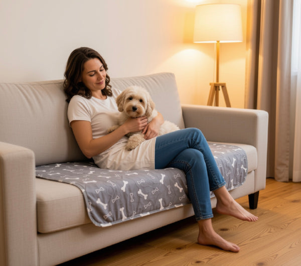 Dog cuddling on the couch at home