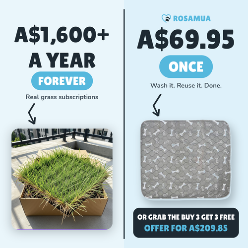 Cost comparison showing disposable pee pads cost over A$1,600 a year versus RooPad once off at A$69.95