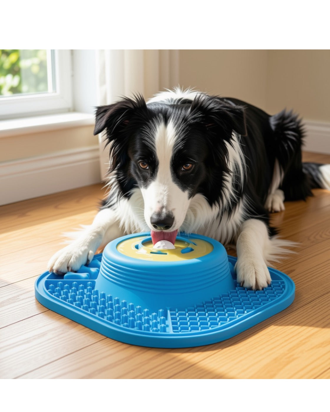 A border collie licking The Calm Bowl at home