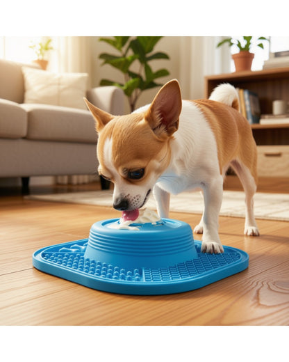 A chihuahua licking The Calm Bowl in a living room