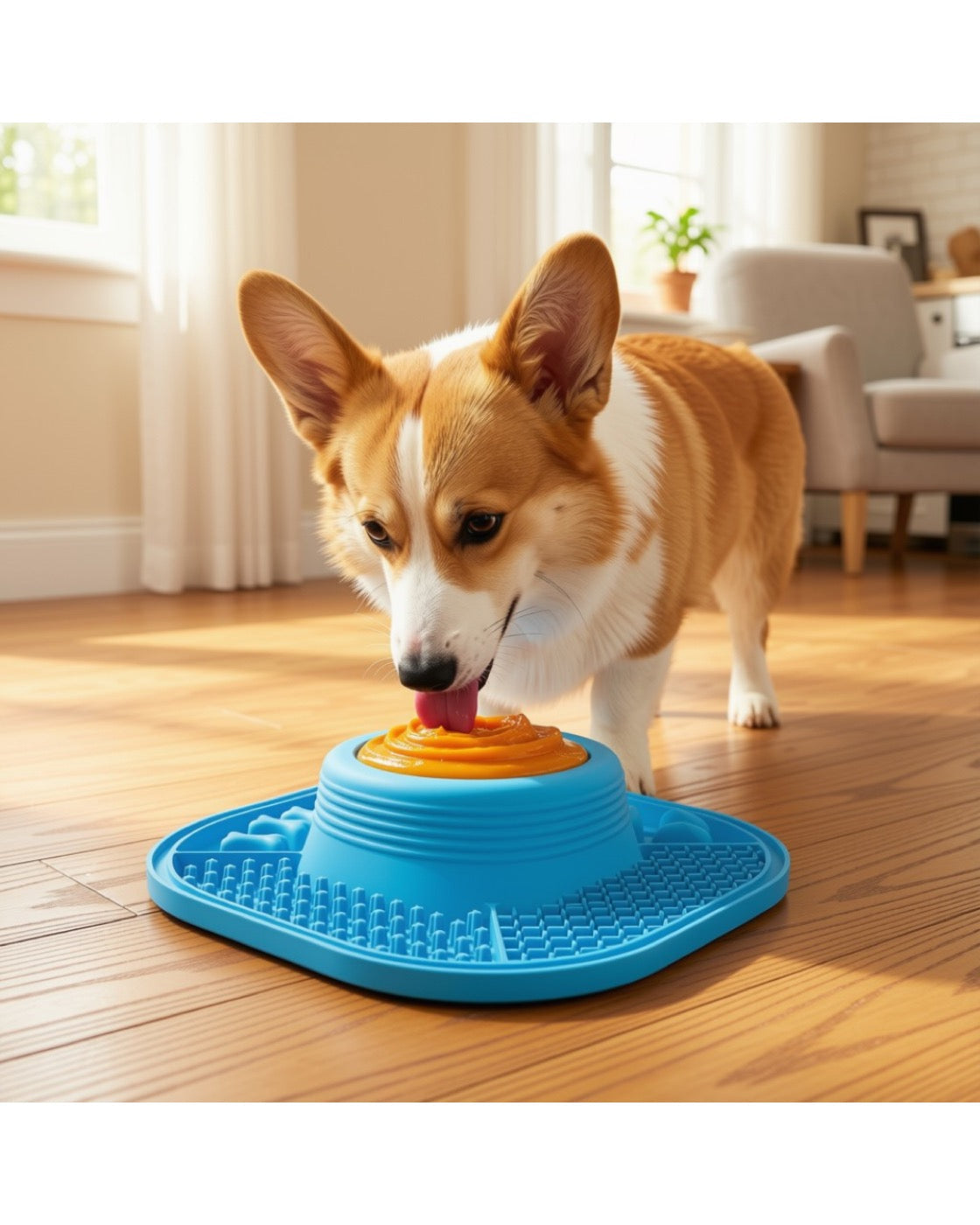A corgi licking The Calm Bowl