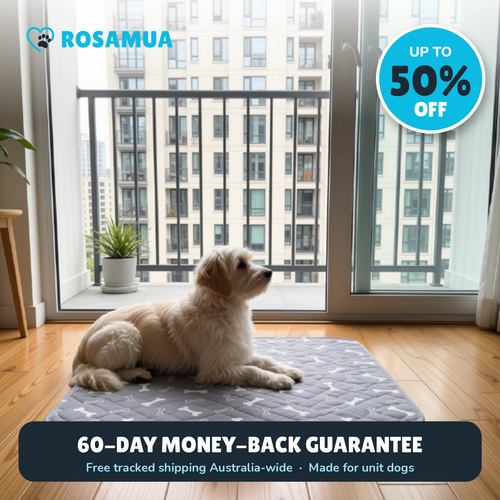 RooPad reusable dog pee pad on an apartment balcony, up to 50% off launch sale with a 60-day money-back guarantee